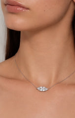 Model wearing Marquise Necklace, close neck view
