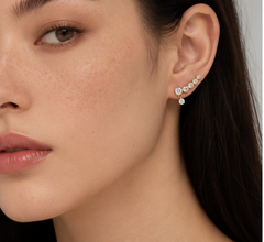 Model wearing gold Line Earrings, close-up ear climber view