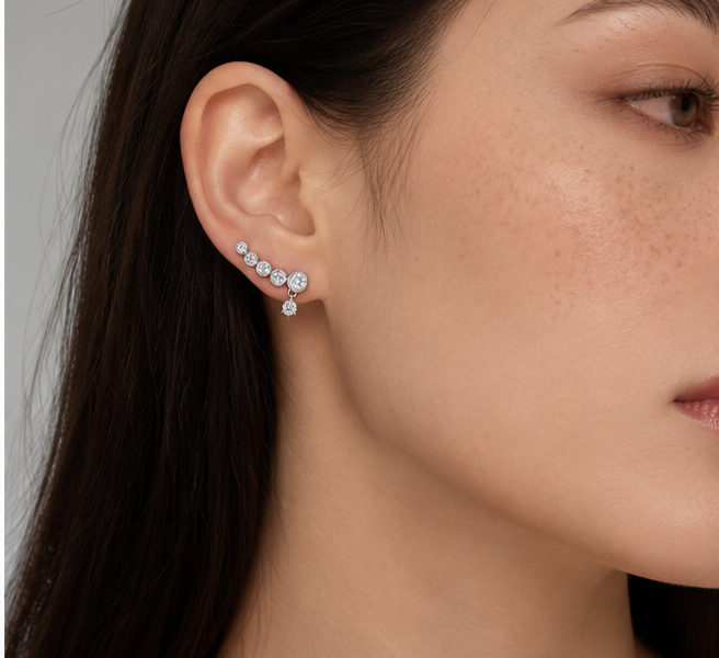 Model wearing silver Line Earrings, close-up ear climber view