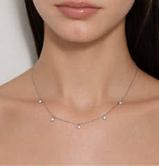 Model wearing Pluie de Lumière Necklace in silver, front close-up
